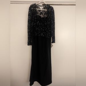 Black formal dress with lace jacket, accented with sequins & beads